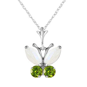 14K. GOLD BUTTERFLY NECKLACE WITH OPALS & PERIDOTS (White Gold)